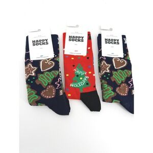 Happy Socks 3 Pack Holiday Crew Socks Navy Gingerbread Red Christmas Tree NWT